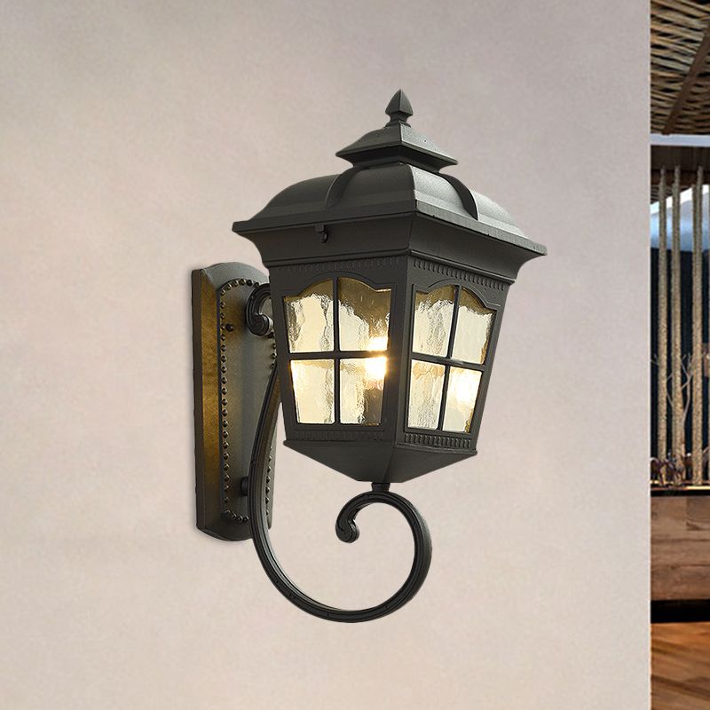 1 Light Seedy Glass Wall Lamp Antique Black Lantern Doorway Wall Light with Up/Down Curved Arm, 10"/12.5" W