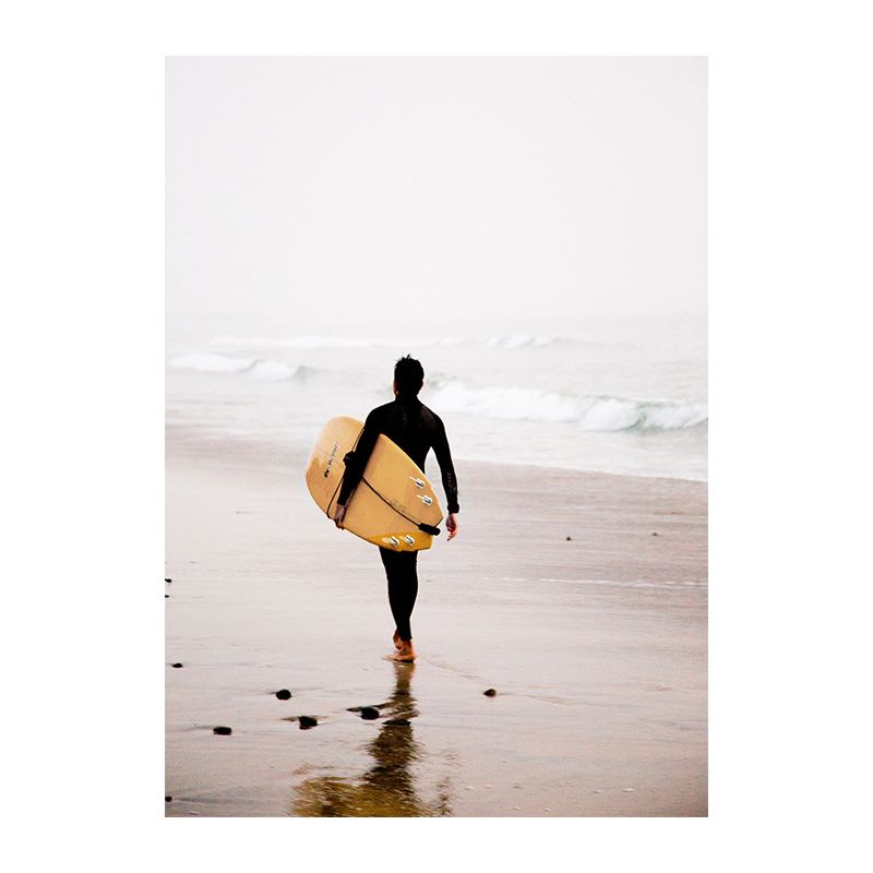 Canvas Yellow Art Print Contemporary Man with Surfboard on Beach Wall Decor for Home