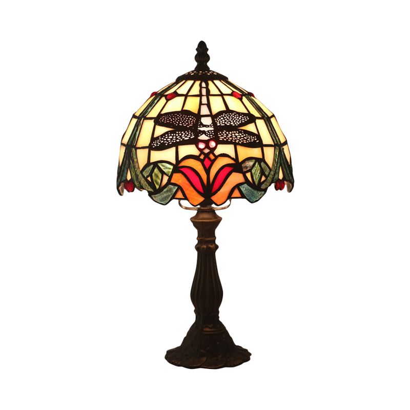 Lampada da tavolo in vetro colorato rosso/arancione con paralume a cupola, lampada da scrivania vittoriana a 1 luce con libellula e motivi floreali