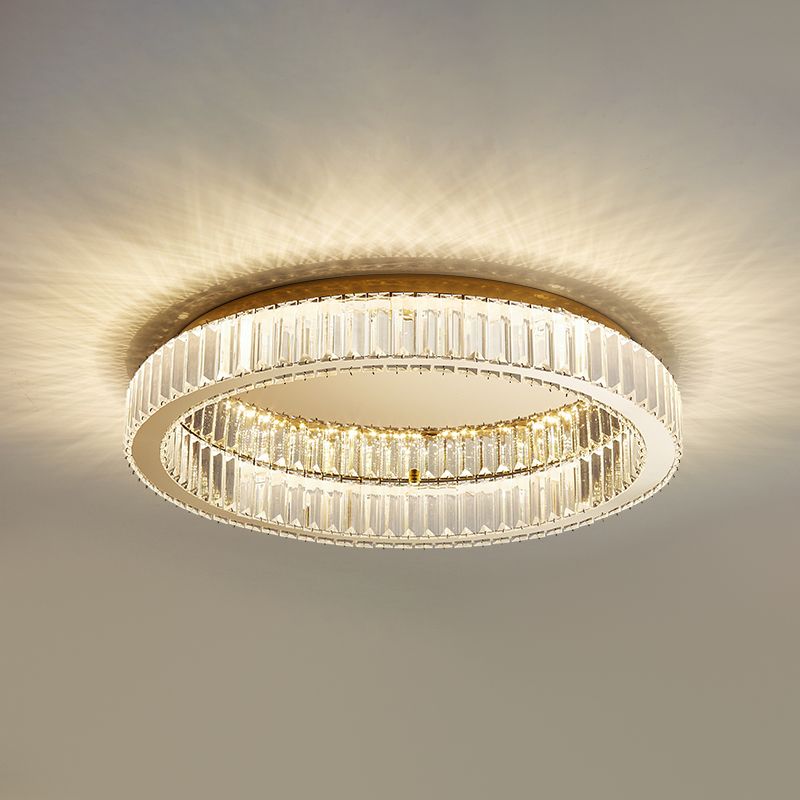 Plafonnier LED de luxe moderne, montage circulaire en acier inoxydable avec abat-jour en cristal