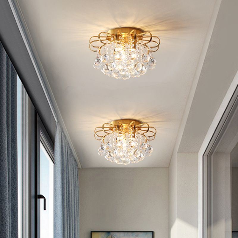 3-Bulb Faceted Crystal Orb Ceiling Flush Vintage Gold Flower Living Room Flush Mount Chandelier