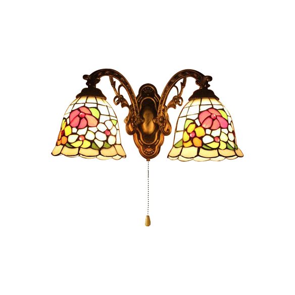Beige Bell Wall Fixture Light Tiffany Stained Glass 2 Lights Flower Wall Sconce Lamp Fixture with Pull Switch