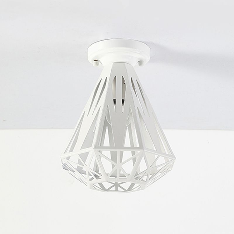 1-Light Flush Mount Ceiling Light Fixture Simple Small Diamond Cage Iron Flushmount in Black/White