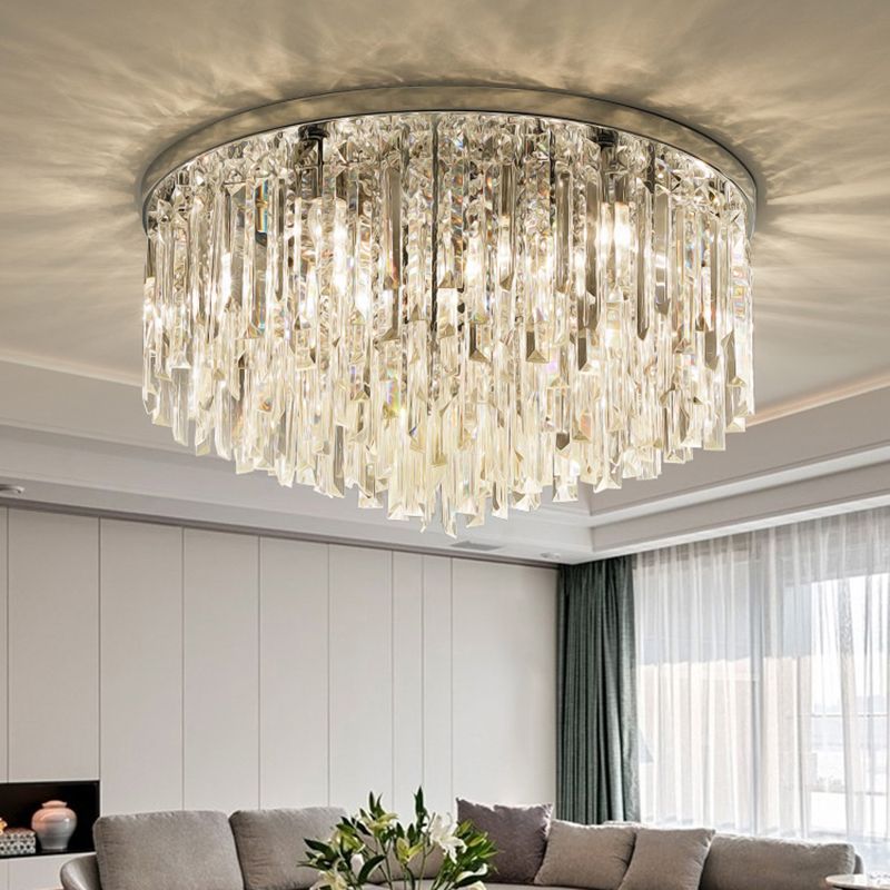 Round Bedroom Flushmount Lighting Clear Crystal Icicles Modern Ceiling Mounted Light