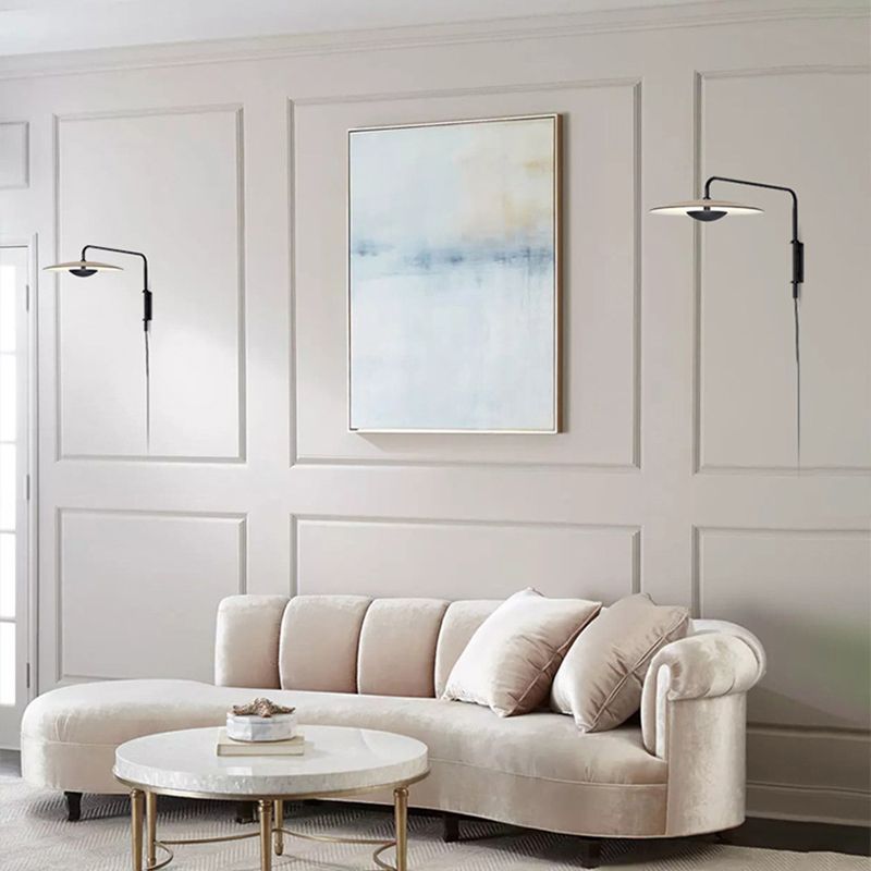 Modern Swing Arm Wall Sconce Circle Shape Wall Light with Metal Shade for Bedroom