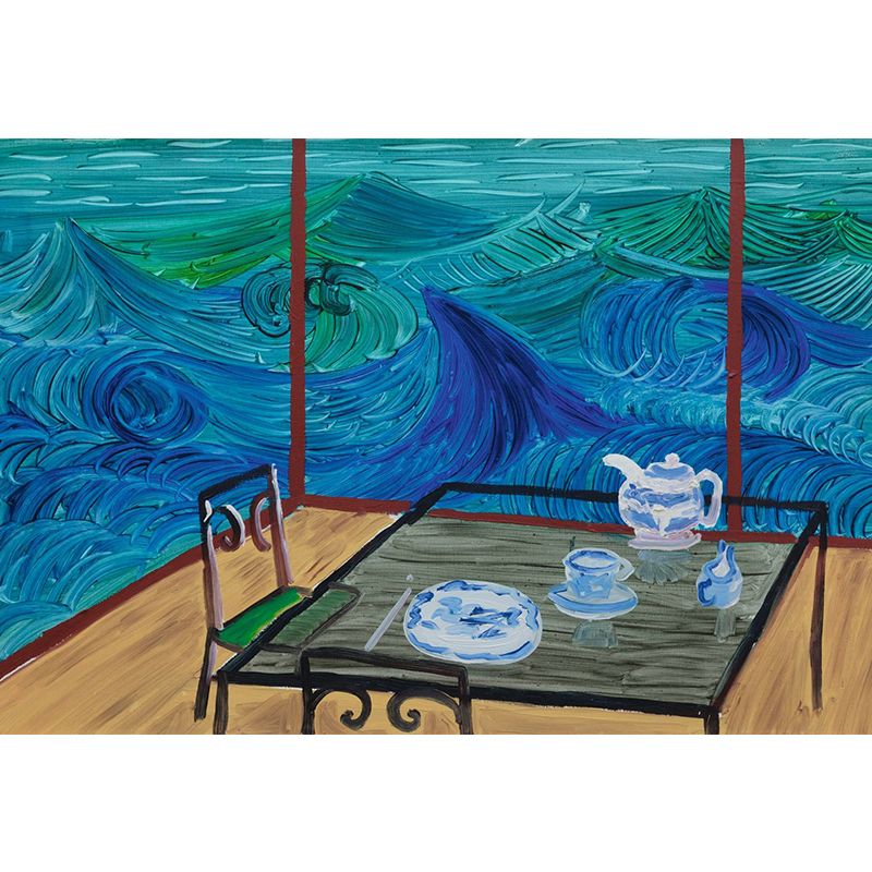 Chinese Tearoom Wallpaper Mural Blue-Brown Artistry Wall Decoration for Living Room