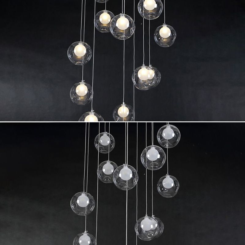 Ball Spiral Stairs Multi-Pendant Clear Dimpled Glass 15-Light Modern Ceiling Light