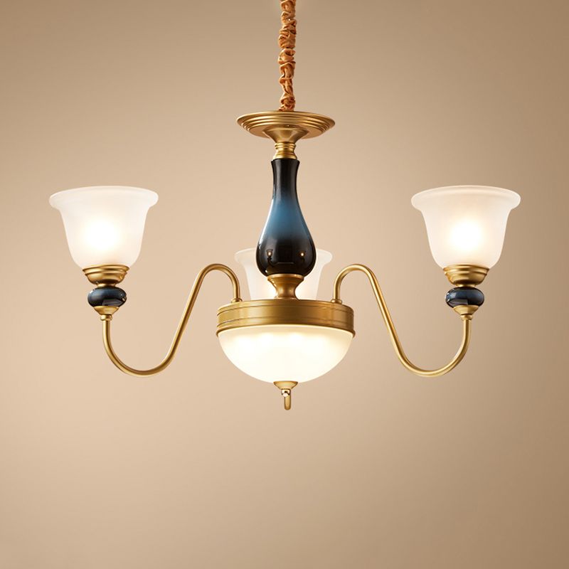 3/5/6 Lights Floral Shade Pendant Chandelier Countryside Style Brass Cream Glass Suspension Lamp