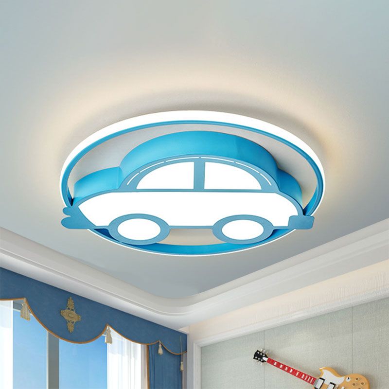 Cartoon Car Shape Flush Light Fixture Metal LED Bedroom Flush Mount Lamp in Blue, White/Warm Light