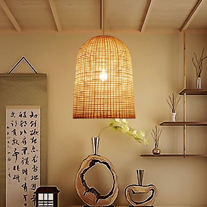 1-Light Restaurant Ceiling Pendant Chinese Beige Pendant Lighting with Elongated Grid Bamboo Shade