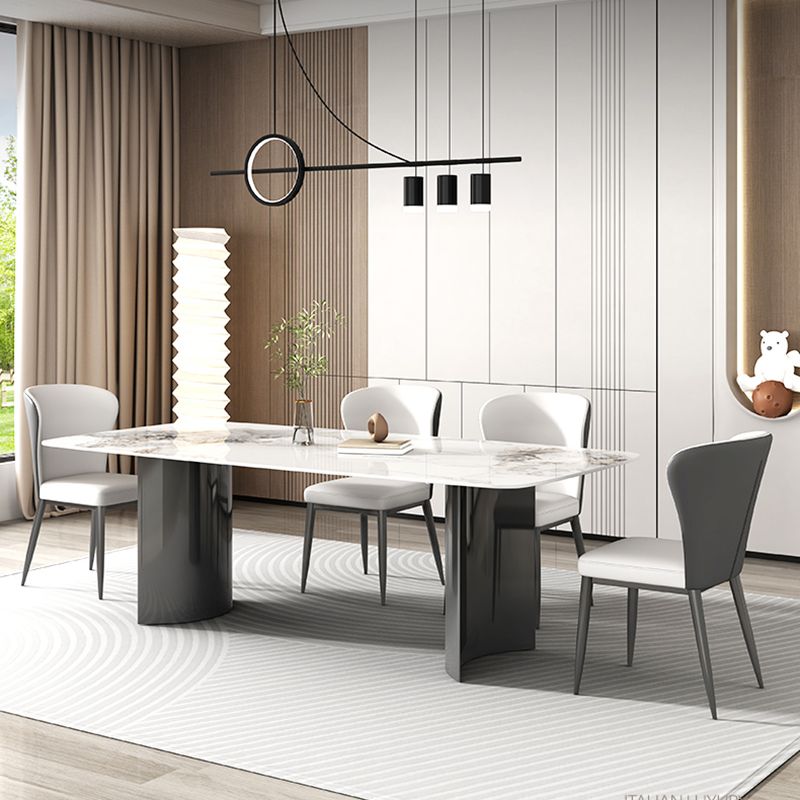 Contemporary Gray Rectangular Stone Dining Table with Double Pedestal