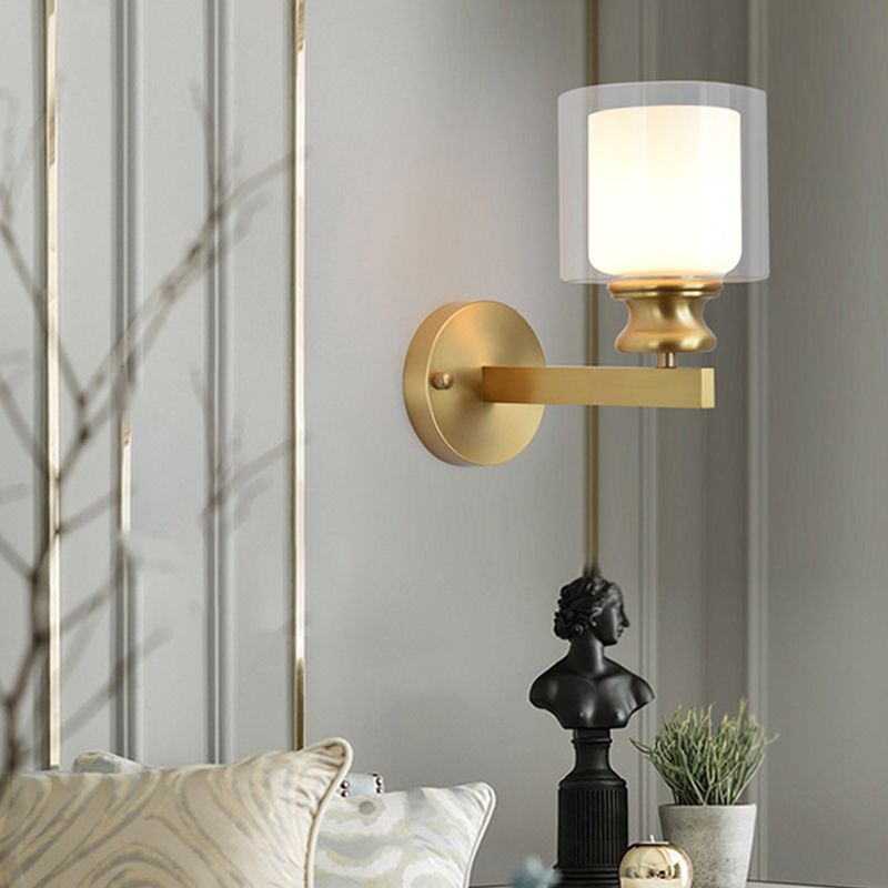 Modern 1 - Light Armed Wall Lighting Solid Brass and Cylinder Glass Shade Wall Sconce