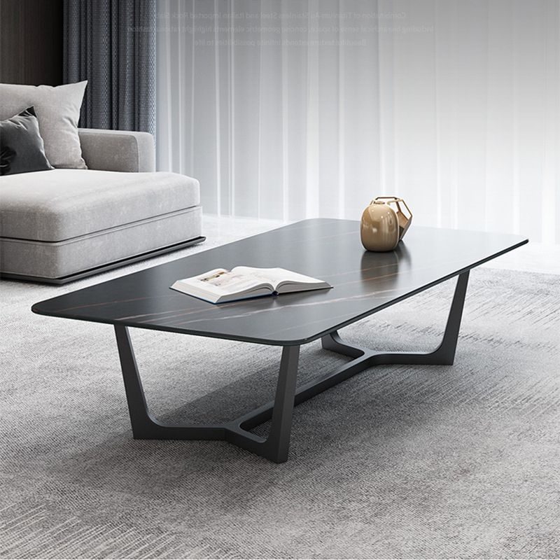 Glam Style Rectangular Slate with Trestle Base Black Foot Coffee Table