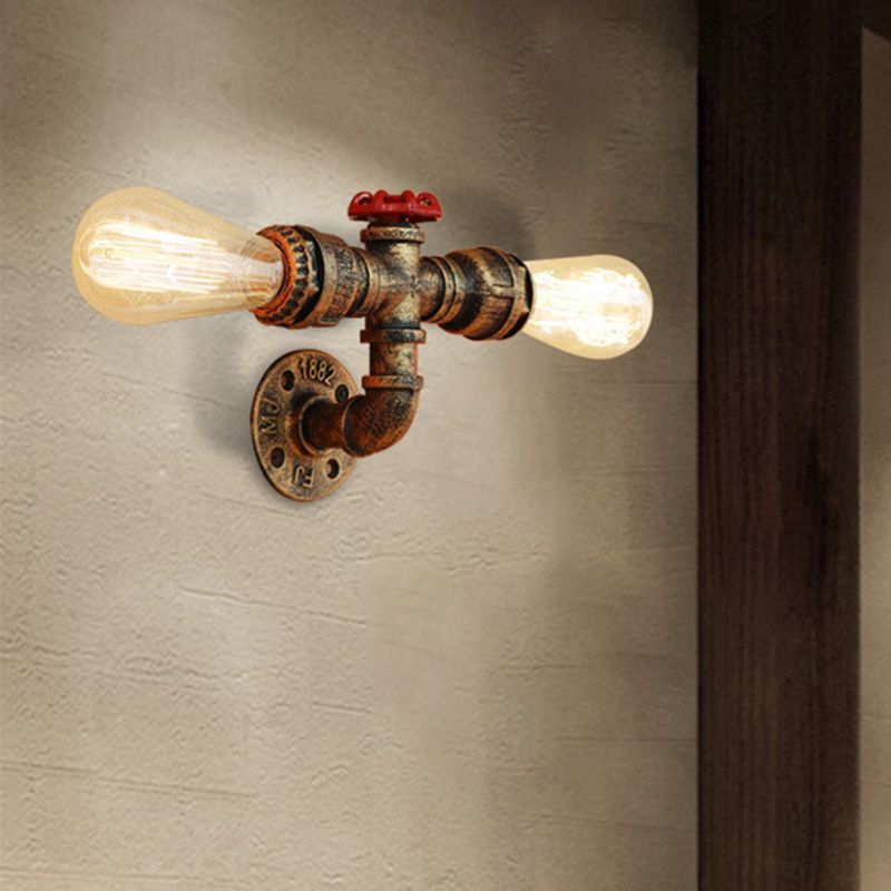 Bronze/Antique Brass 2 Heads Wall Light Fixture Warehouse Style Wrought Iron Bare Bulb Sconce Lamp with Pipe and Valve