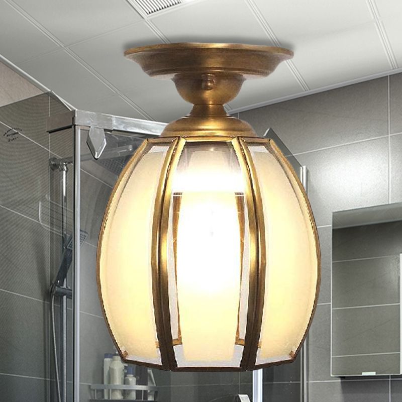 Brass Cup Semi Flush Mount Lamp Traditionary Frosted Glass 1 Bulb Ceiling Mounted Light for Living Room