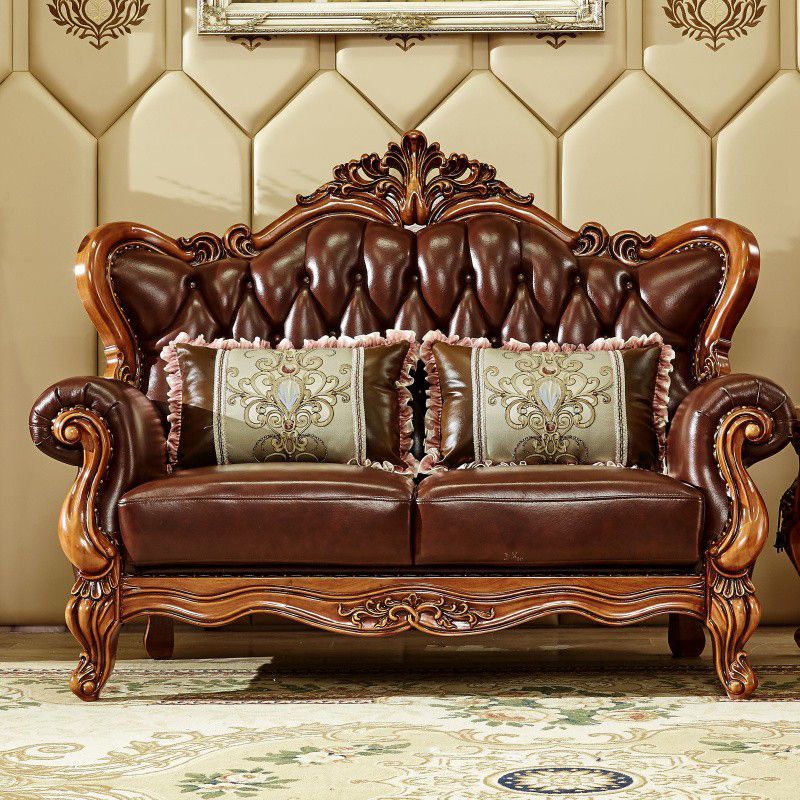 Ornate Traditional Tufted Split-Back Seating Flared Arm Sofa with Pillows in Brown