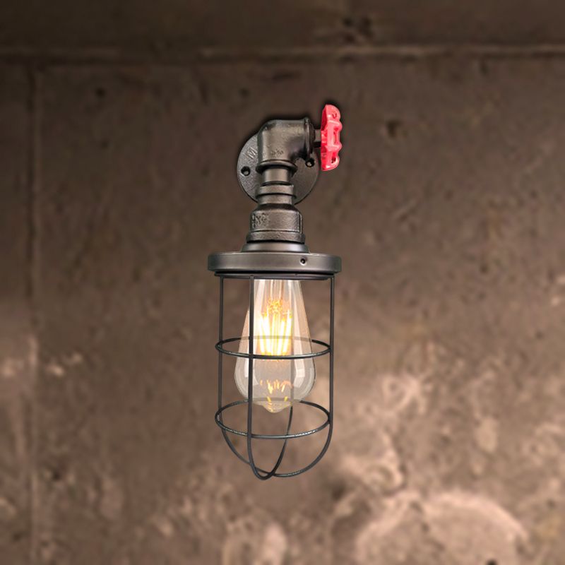 Wire Frame Corridor Wall Sconce Iron 1 Head Farmhouse Wall Lighting Fixture with Red Valve Design in Antique Brass/Black
