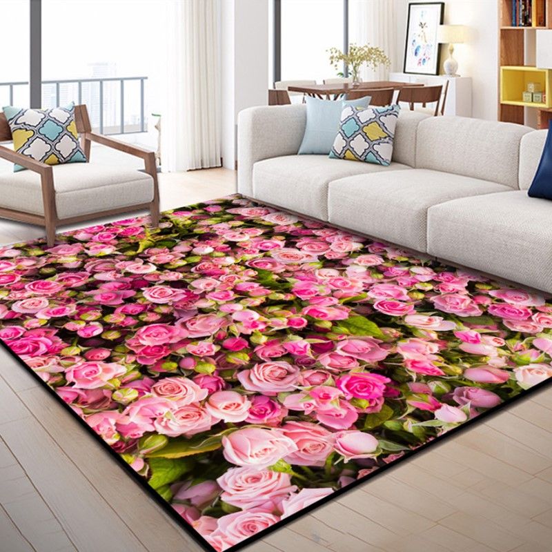 Modern Rose Flower Print Carpet Polyester Area Rug Non-Slip Backing Indoor Carpet for Living Room