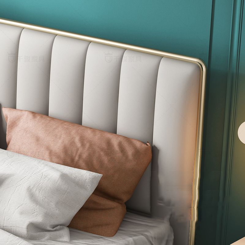 Glam Standard Bed Upholstered Headboard Solid Wood Beige Panel Bed