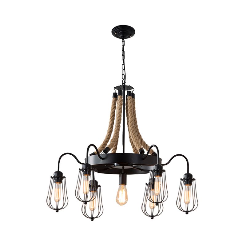 9/13 Lights Rope Chandelier Farm Style Bulb Cage Metallic Pendant Light Fixture in Black with Wheel Design