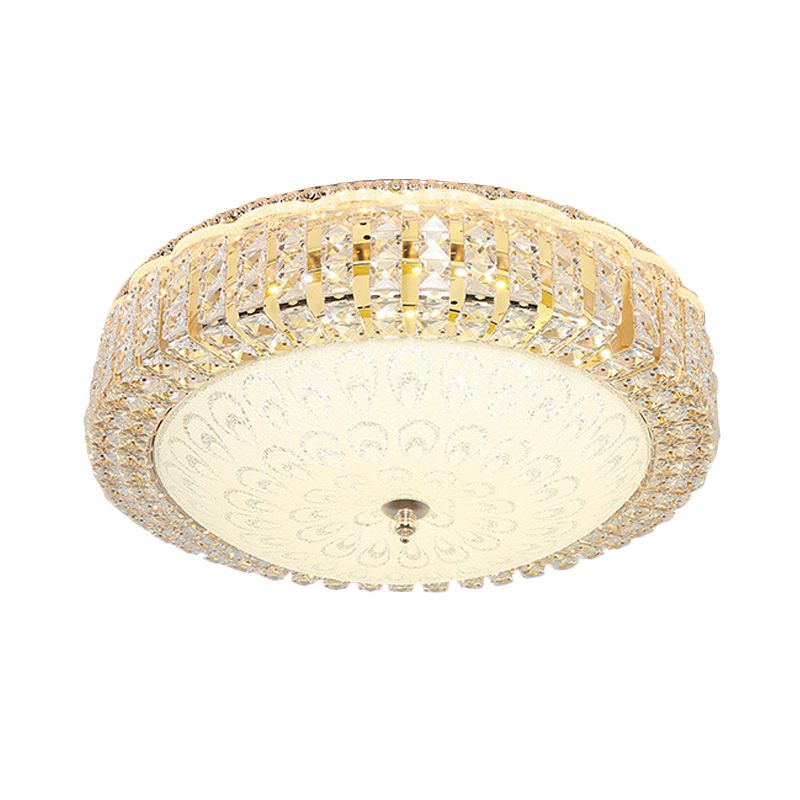 Circle Beveled Crystal Ceiling Flush Light Simple Hotel LED Flush Mount with Frosted Flower Glass Shade in Gold