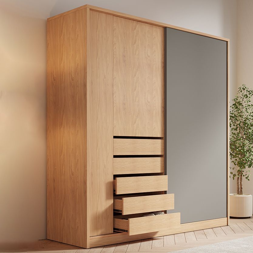 Natural Finish Modern Wardrobe Armoire Solid Wood and Engineered Wood Armoire