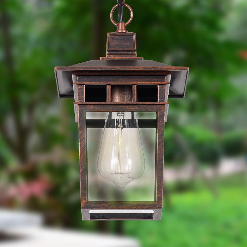 Industrial Lantern Hanging Lighting Metal and Clear Glass 1 Light Black/Bronze/Gold Outdoor Pendant Lamp for Porch