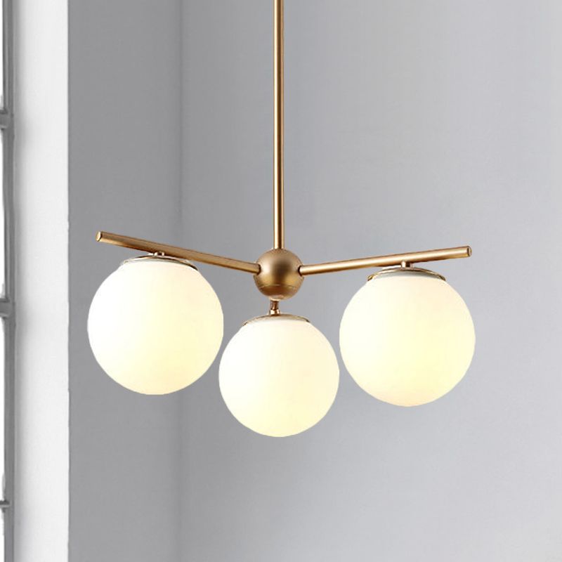 Globe Hanging Chandelier Modern White Frosted Glass 3 Lights Gold Ceiling Pendant Lamp for Bedroom