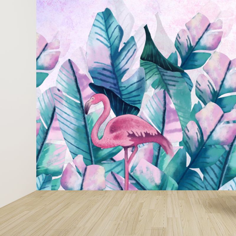 Tropical Boys Mural Wallpaper Stand-Up Flamingo and Banana Leaves Pink Wall Covering
