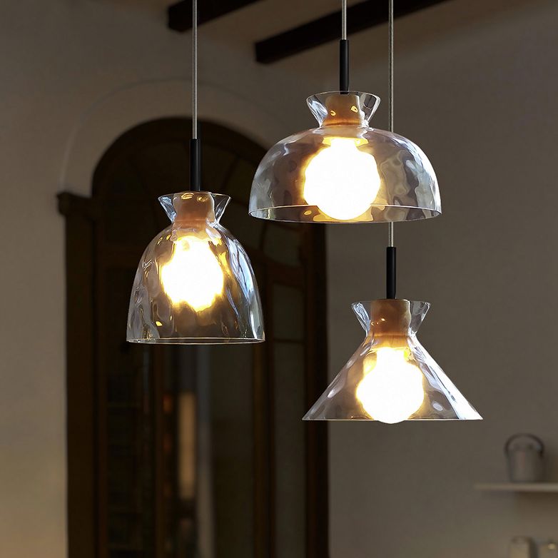 Clear Rippled Glass Shaded Pendant Nordic 1 Head Wood Suspension Light for Dining Room