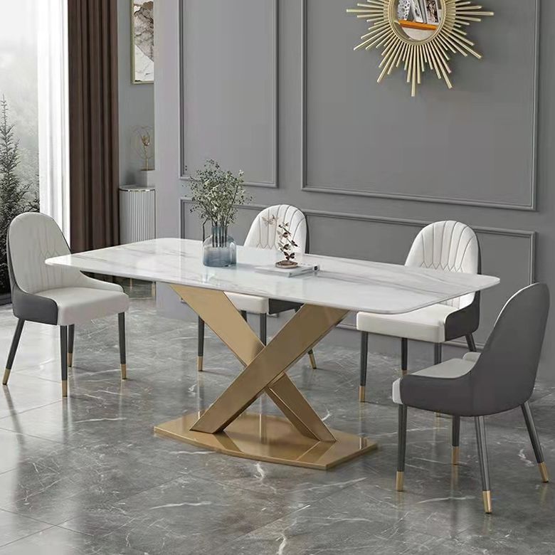 Modern Sintered Stone Dining Room Set with Rectangle Top and Gold Base Furniture Set