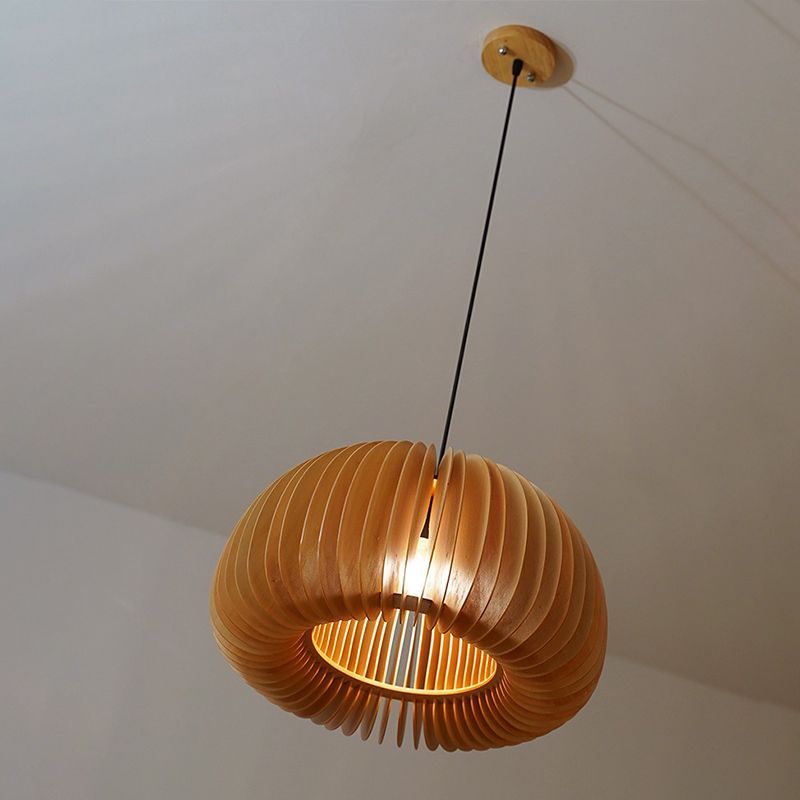 Beige Wood Slatted Hanging Light Chinese Style 1 Light  Restaurant Ceiling Pendant Lamp