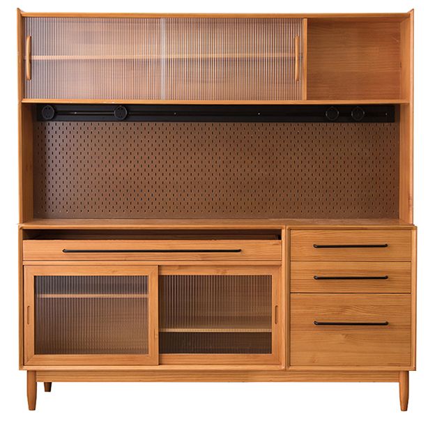Pine Wood Living Room Sideboard Cabinet Modern Credenza with Drawers and Glass Door
