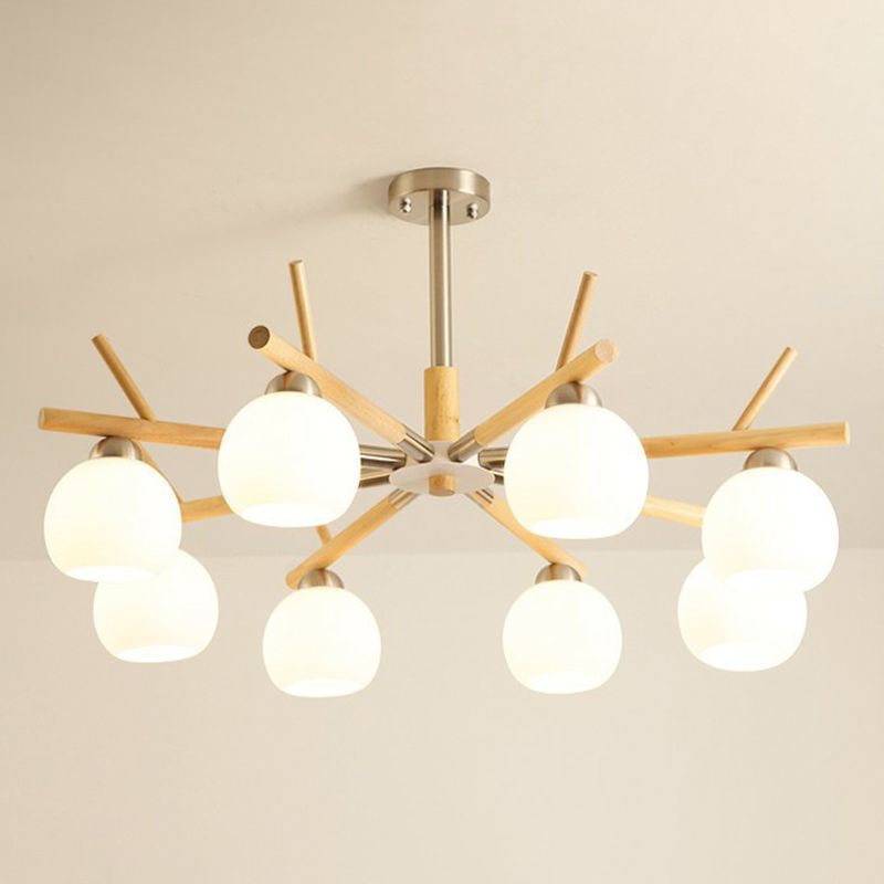 Dome Ceiling Chandelier Minimalist White Glass Living Room Hanging Light with Wood Twig Deco