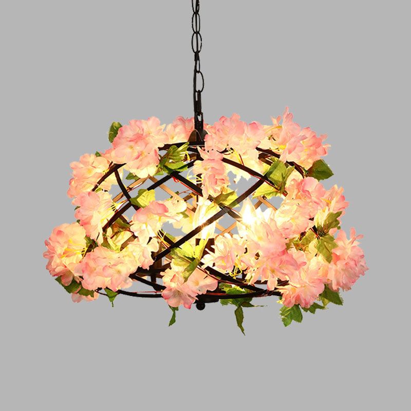 3 Bulbs Chandelier Light Industrial Bird Nest Metal LED Suspension Lamp in Pink with Cherry Blossom