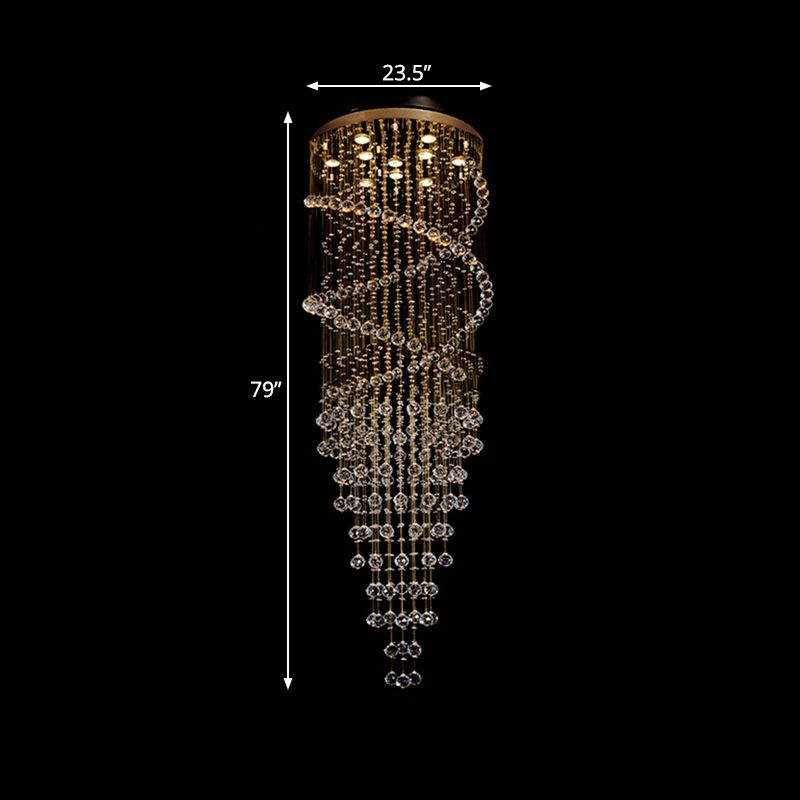 10-Head Spiral Cascades Hanging Lamp Modernism Brass Clear Crystal LED Multi Light Pendant