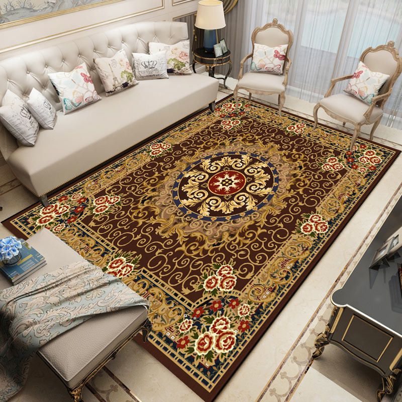 Mid-Century Washable Carpet Medallion Print Rug Polyester Anti-Slip Backing Carpet for Home Decor