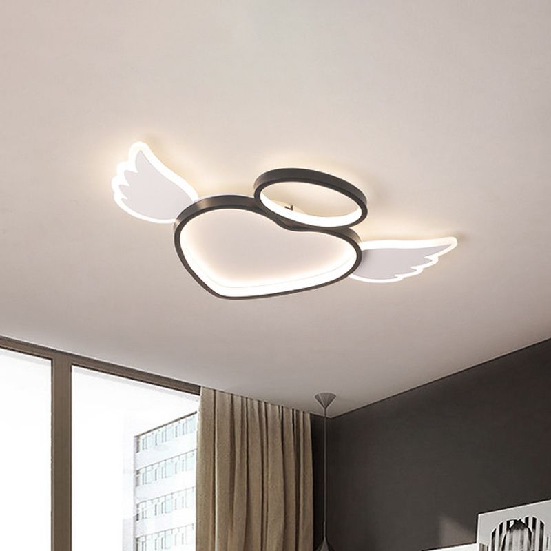 Black Heart with Wing Ceiling Fixture Nordic LED Acrylic Flush Mount Lighting in Warm/White Light for Bedroom