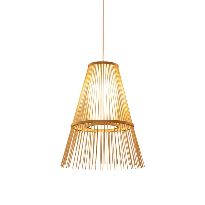 Asian 1 Bulb Hanging Lamp Beige Tapered Pendant Lighting Fixture with Bamboo Shade
