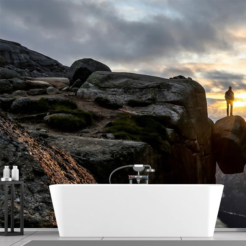 Man Between Mountain Gaps Mural Brown Modern Wall Art for Living Room, Made to Measure