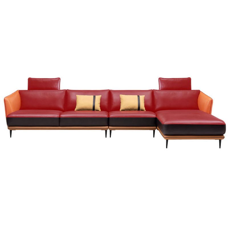 Mid Century Genuine Leather Sectionals Loose Back Sectional & Chaise in Brown