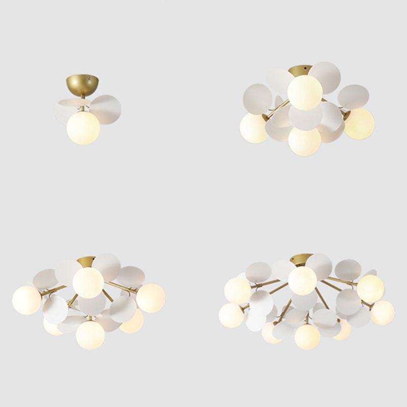 Flower Branch Metal Semi Flush Ceiling Light in Modern Simplicity Sputnik Indoor Flush Mount with Circular Opal Glass Shade
