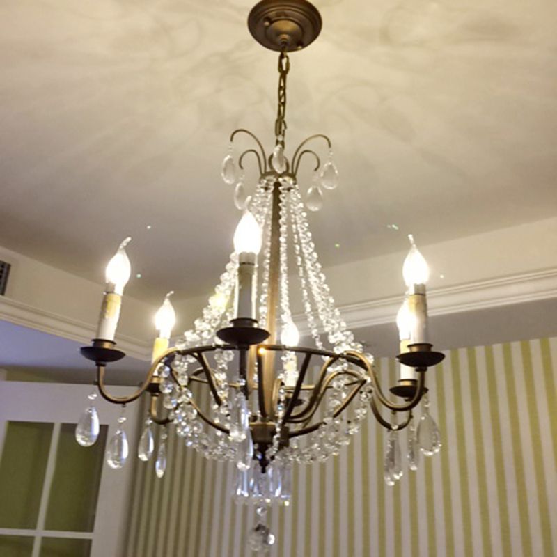 Bronze Finish Candle Chandelier Countryside Metal Living Room Ceiling Light with Crystal Drape