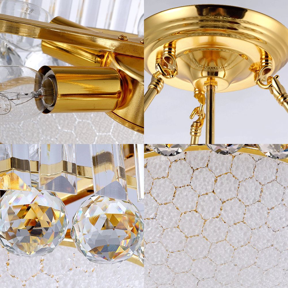 Drum Semi Mount Lighting Vintage Metal and Clear Crystal Ceiling Lighting with Milk Glass Diffuser in Gold