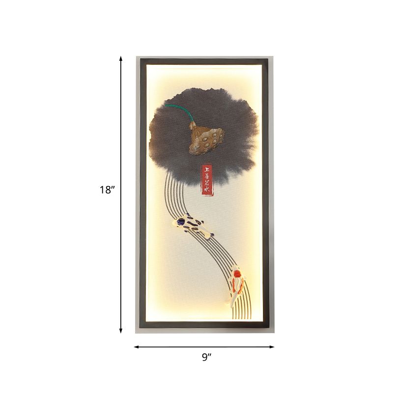 Chinese Style LED Wall Lamp Black Lotus Seed and Fish Mural Lighting Fixture with Aluminum Frame
