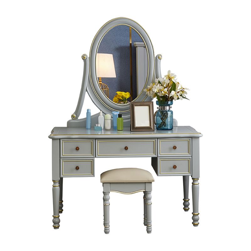 Mirror Desk Furniture 2 Drawer Blue Vanity with Padded Stool