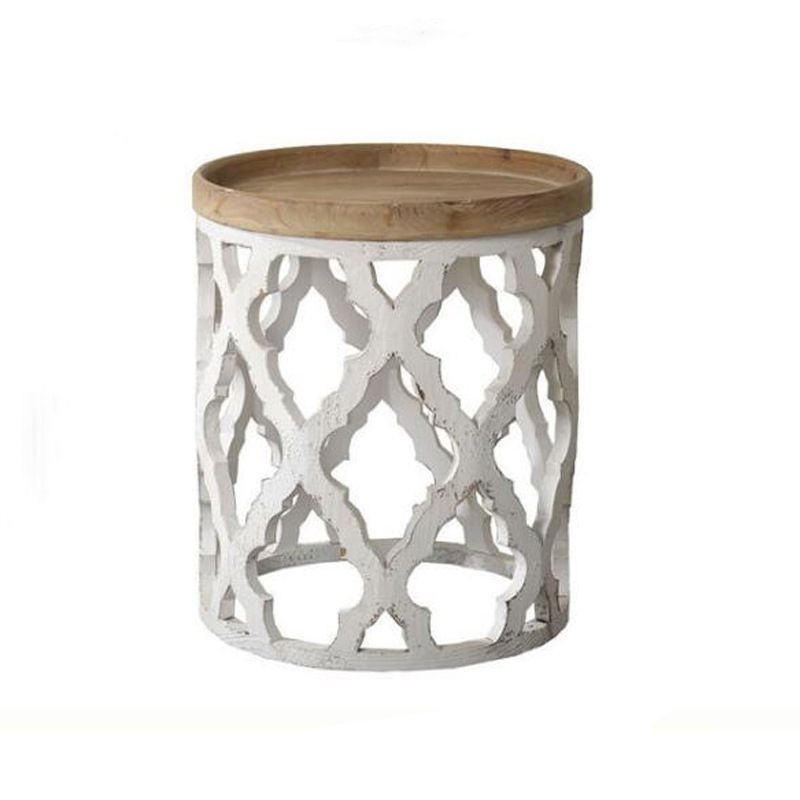 Rustic Drum Side Table Solid Wood Sofa Side Accent Table in Distressed White