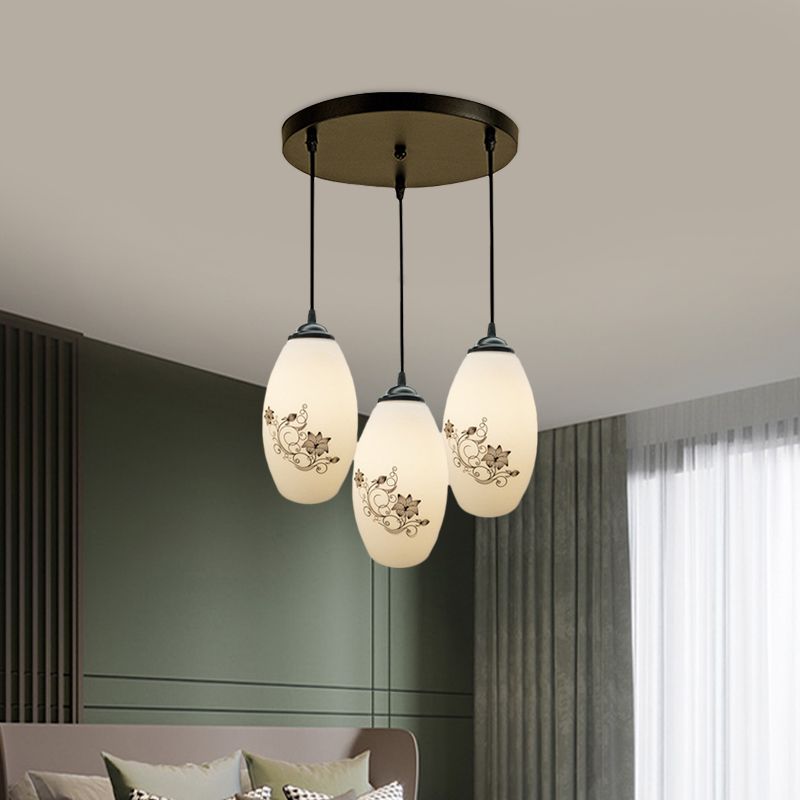 3 Lights Oval Multi-Pendant Modern Black Finish White Printed Glass Ceiling Hang Fixture with Round/Linear Canopy