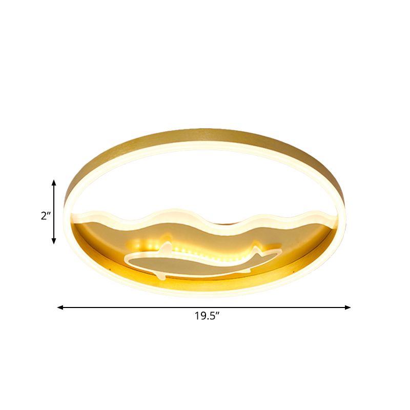 Kids Style Super Thin Flush Ceiling Light Acrylic Bedroom LED Flush-Mount Light Fixture with Fish/Apple Pattern in Gold