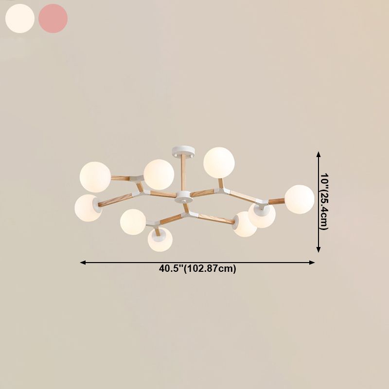 Living Room Chandelier Wooden Macaron Suspension Light with White Glass Shade